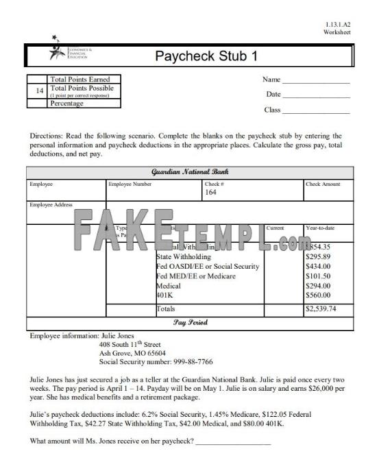 Family Economics & Financial Education fake paycheck stub Word and PDF template